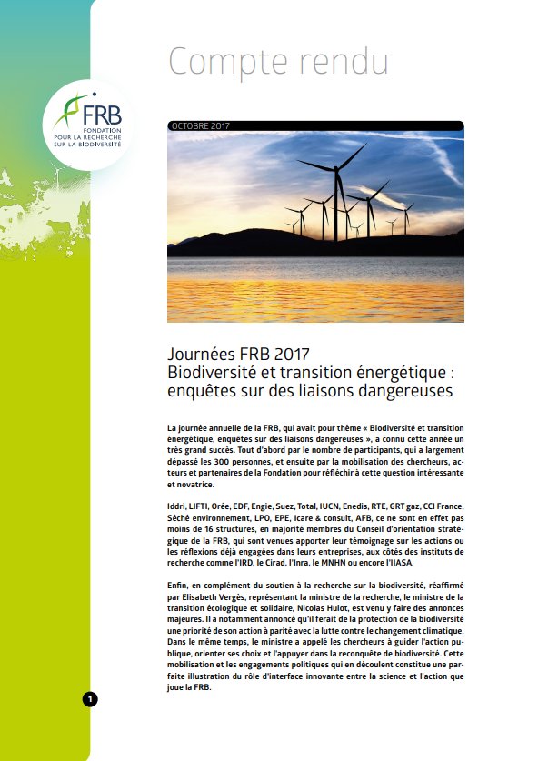 Journées FRB 2017 Biodiversité et transition énergétique : enquêtes sur des liaisons dangereuses