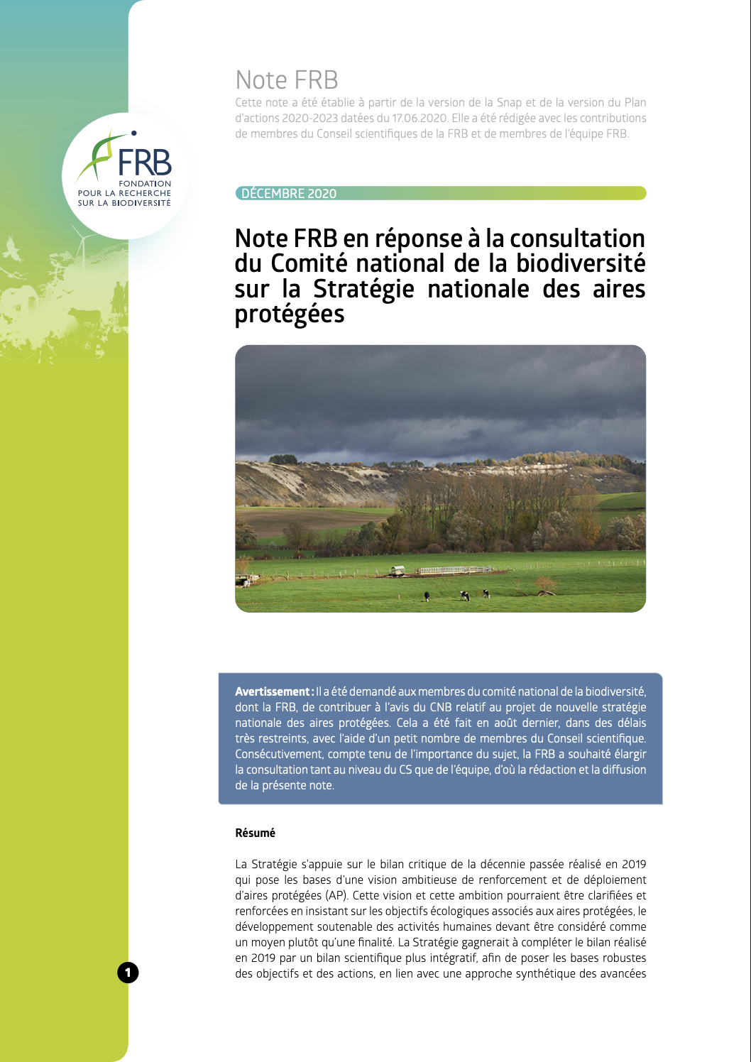 Note FRB en réponse à la consultation du Comité national de la biodiversité sur la Stratégie nationale des aires protégées
