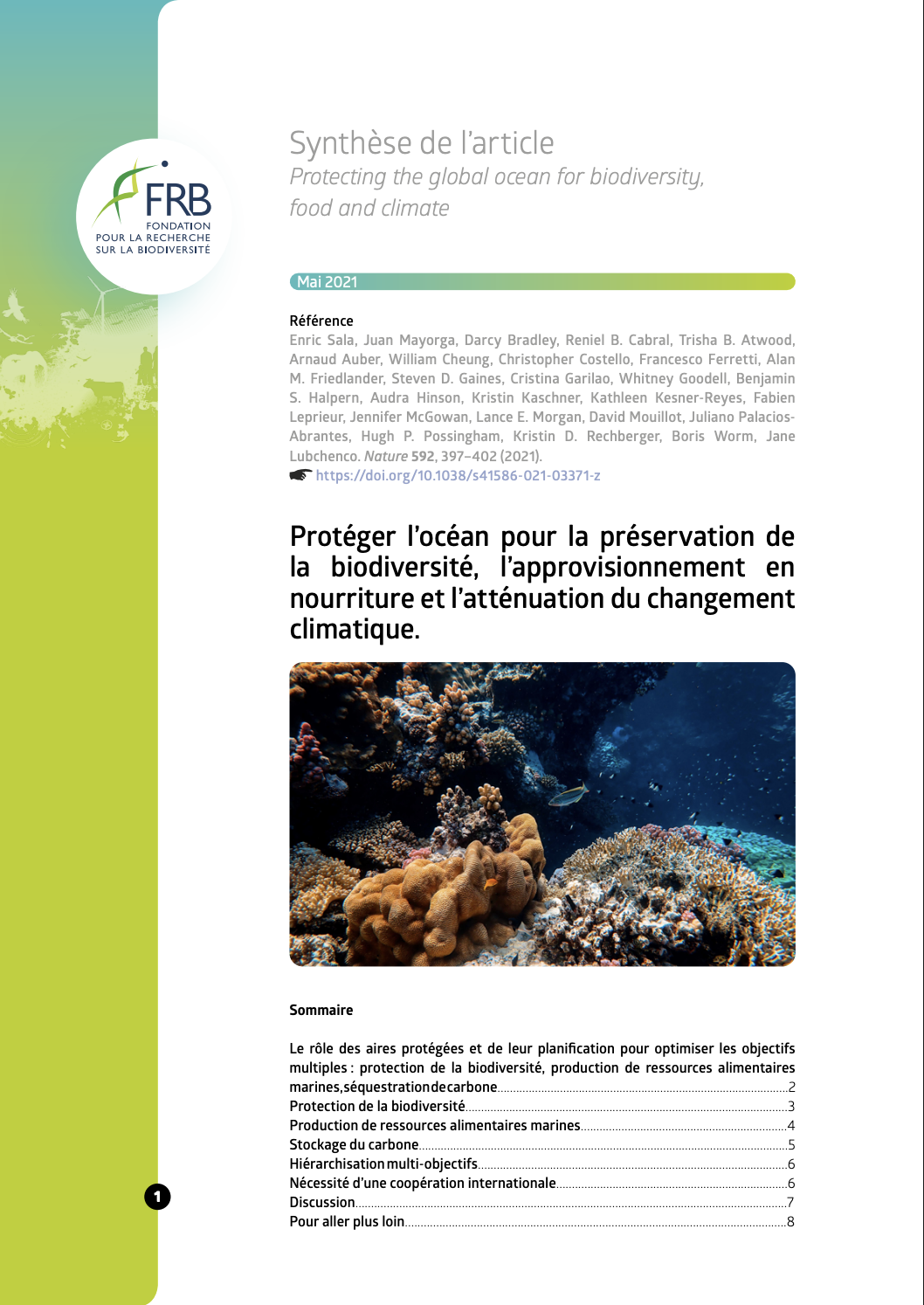 Protéger l’océan pour la préservation de la biodiversité, l’approvisionnement en nourriture et l’atténuation du changement climatique