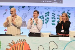 Co-Chairs of the assessment on IAS (L-R) Peter Stoett, Aníbal Pauchard, and Helen Roy - IPBES10 - 1Sep2023 - Photo