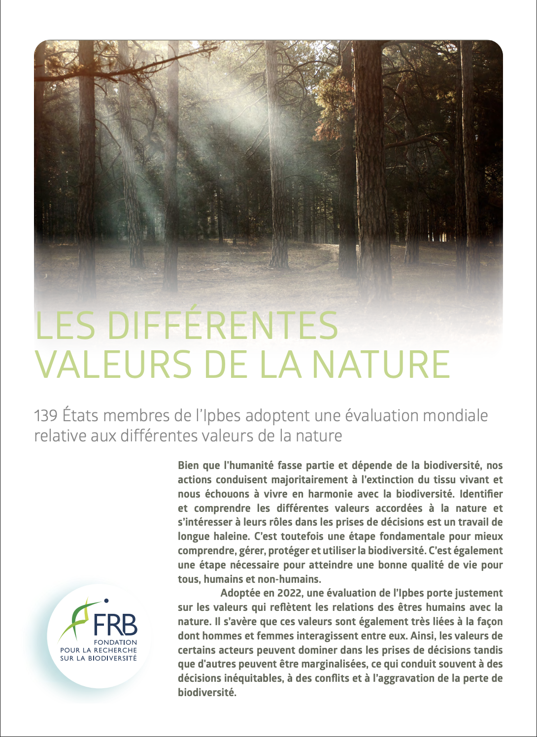Les différentes valeurs de la nature – Les principaux messages de l’évaluation Ipbes