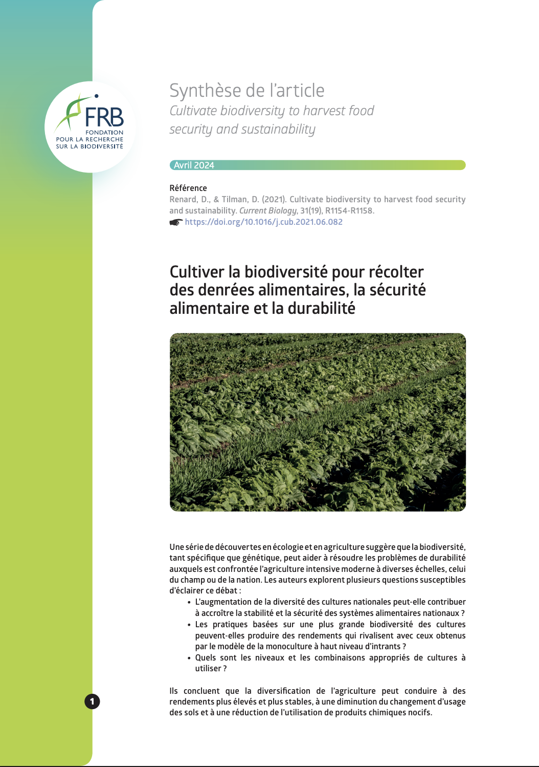 Cultiver la biodiversité pour récolter des denrées alimentaires, la sécurité alimentaire et la durabilité